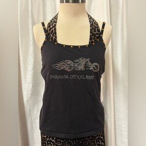 Vintage RARE Black BIKE WEEK Twin Motorcycle 🏍️ TANK ToP Bedazzled Large PCB🔥